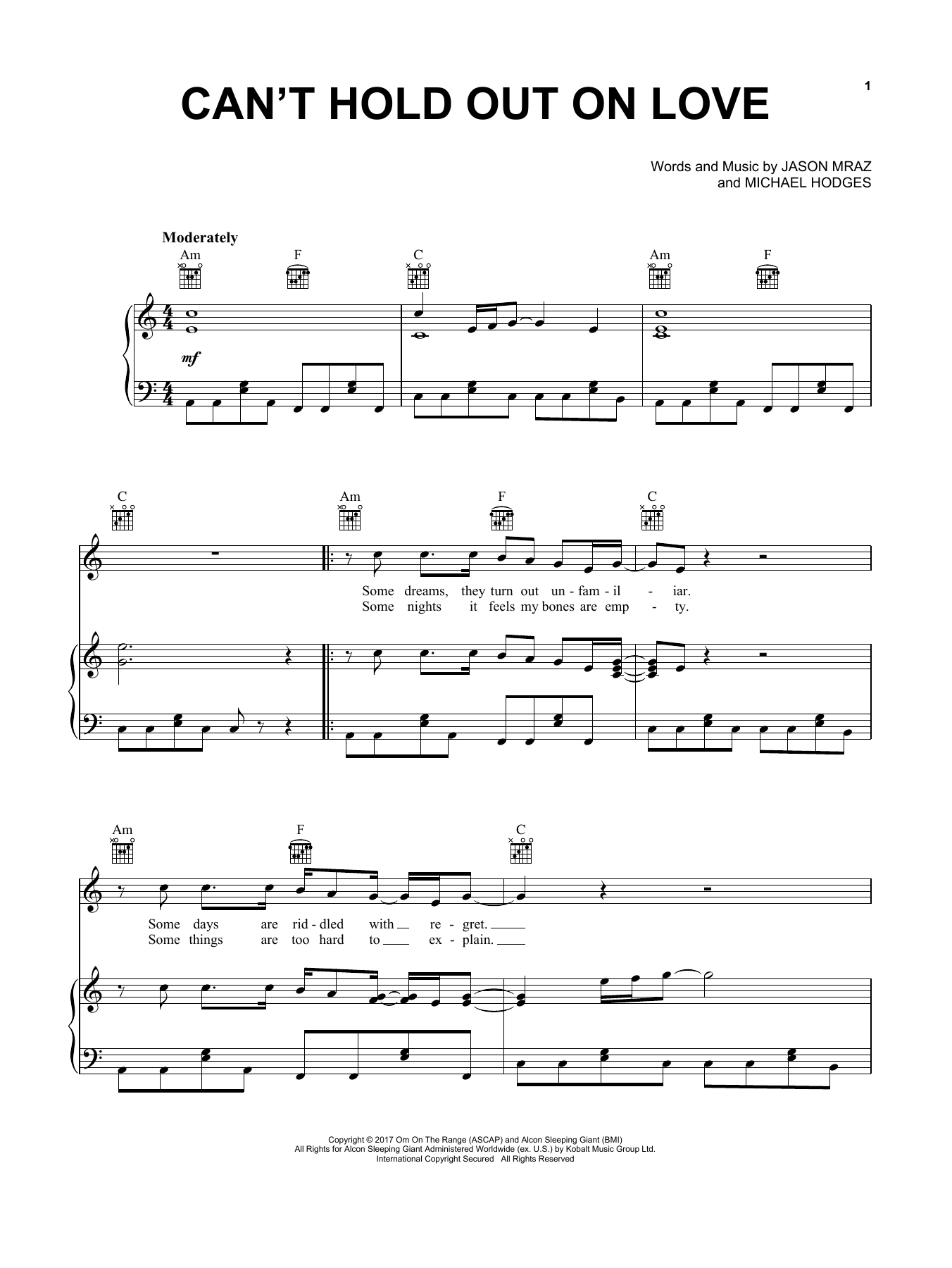 Jason Mraz Can't Hold Out On Love Sheet Music Notes & Chords for Piano, Vocal & Guitar (Right-Hand Melody) - Download or Print PDF