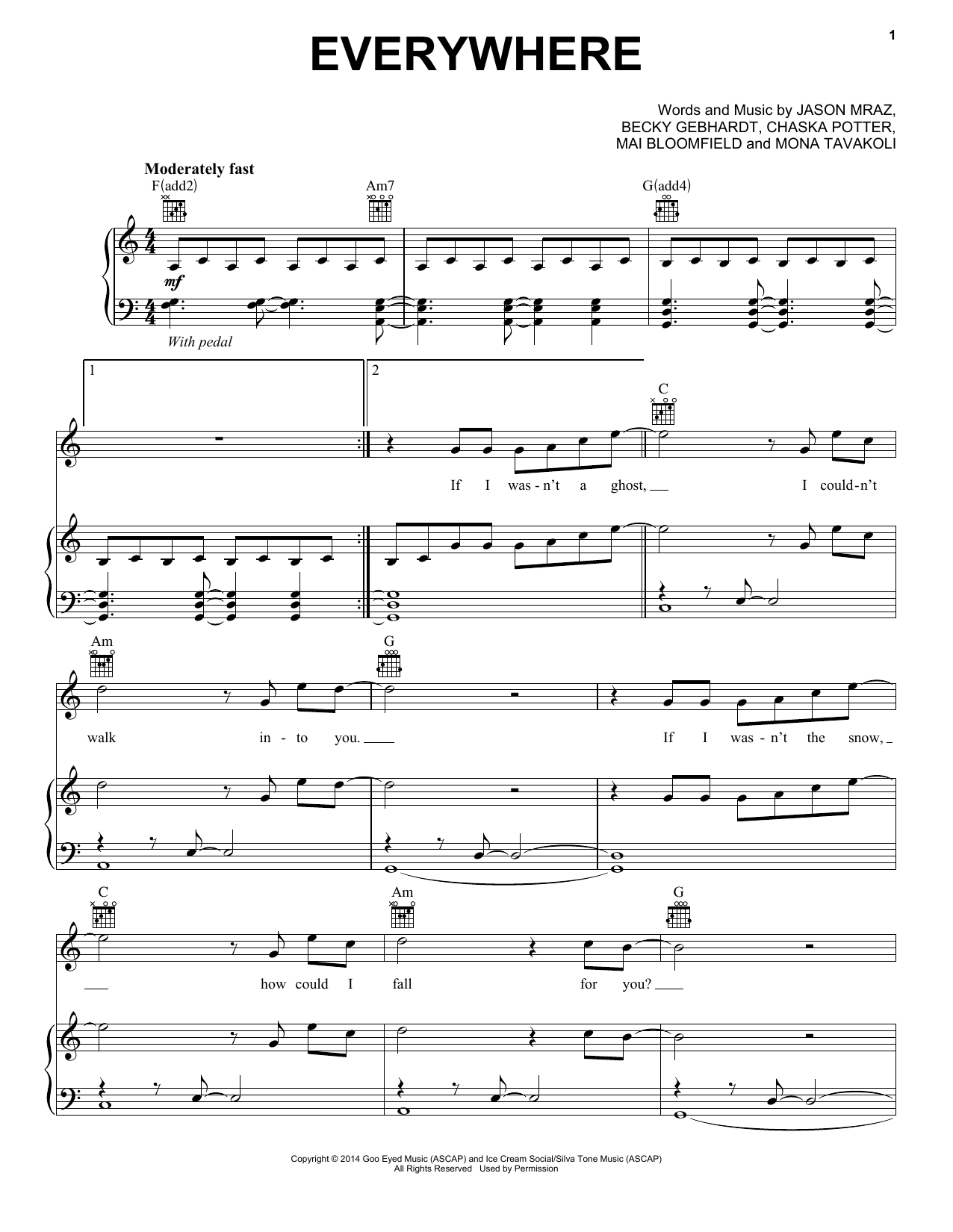 Jason Mraz Everywhere Sheet Music Notes & Chords for Piano, Vocal & Guitar (Right-Hand Melody) - Download or Print PDF