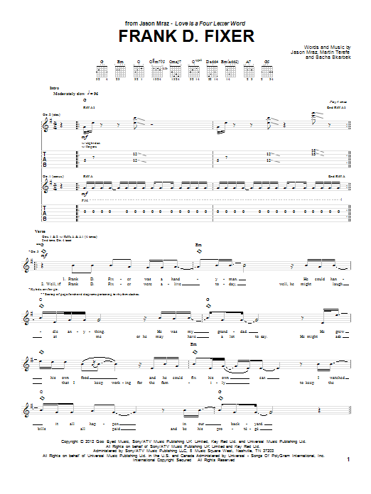 Jason Mraz Frank D. Fixer Sheet Music Notes & Chords for Piano, Vocal & Guitar (Right-Hand Melody) - Download or Print PDF