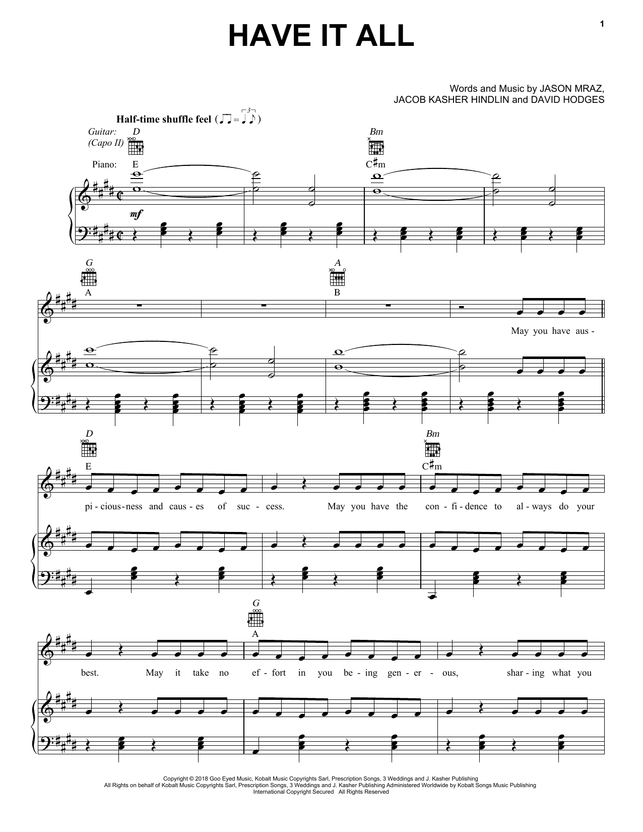 Jason Mraz Have It All Sheet Music Notes & Chords for Piano, Vocal & Guitar (Right-Hand Melody) - Download or Print PDF