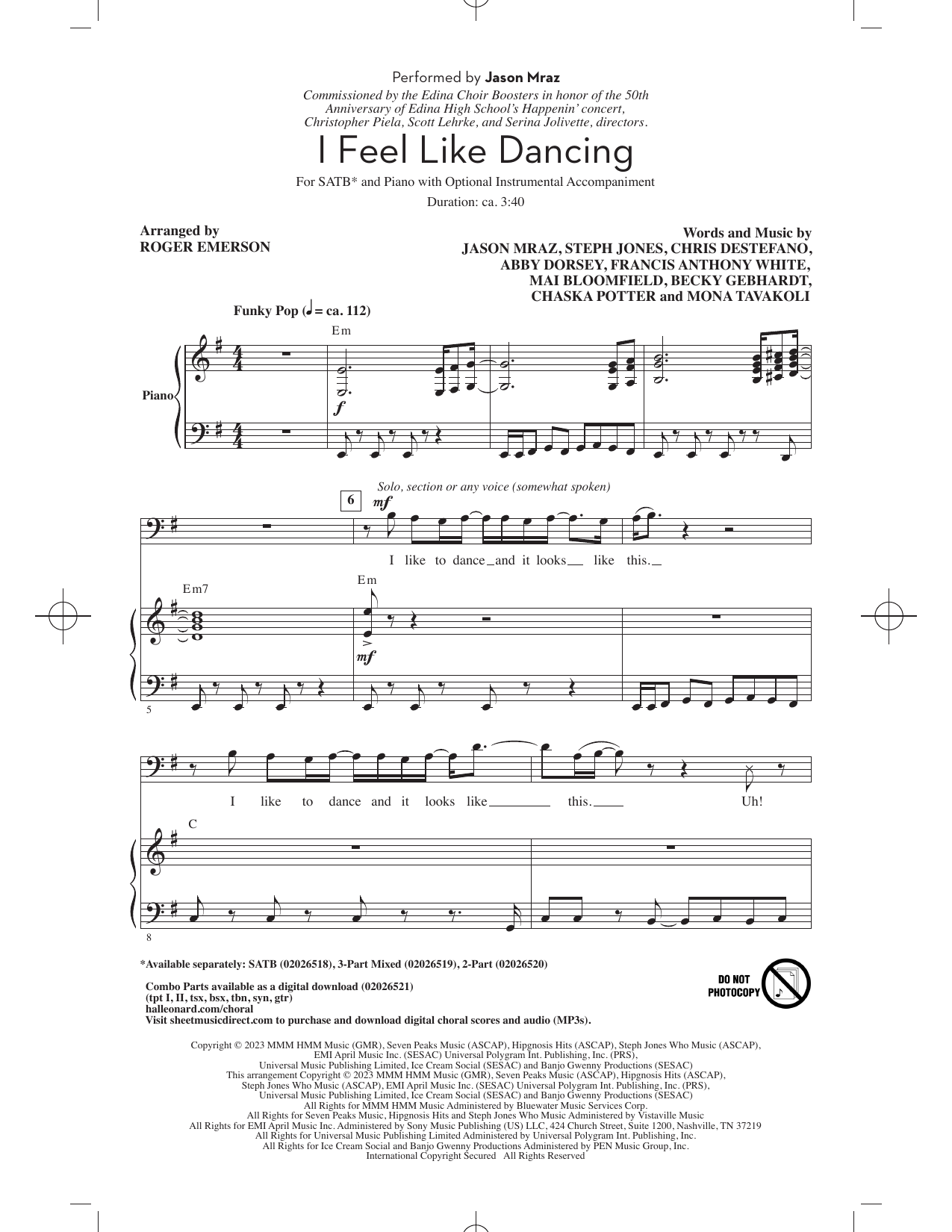 Jason Mraz I Feel Like Dancing (arr. Roger Emerson) Sheet Music Notes & Chords for 2-Part Choir - Download or Print PDF