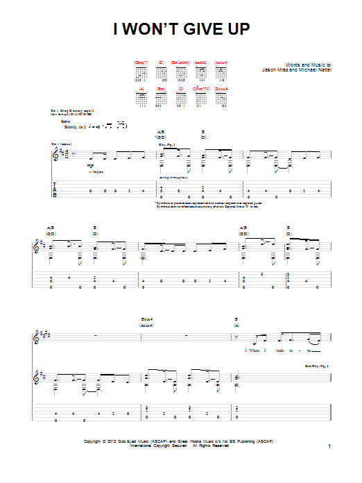 Jason Mraz I Won't Give Up Sheet Music Notes & Chords for Piano, Vocal & Guitar (Right-Hand Melody) - Download or Print PDF