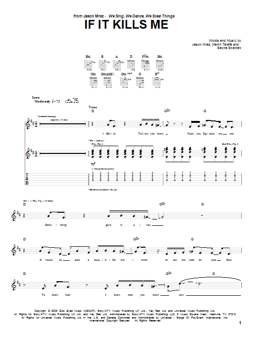 Jason Mraz If It Kills Me Sheet Music Notes & Chords for Piano, Vocal & Guitar (Right-Hand Melody) - Download or Print PDF