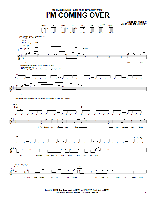 Jason Mraz I'm Coming Over Sheet Music Notes & Chords for Piano, Vocal & Guitar (Right-Hand Melody) - Download or Print PDF