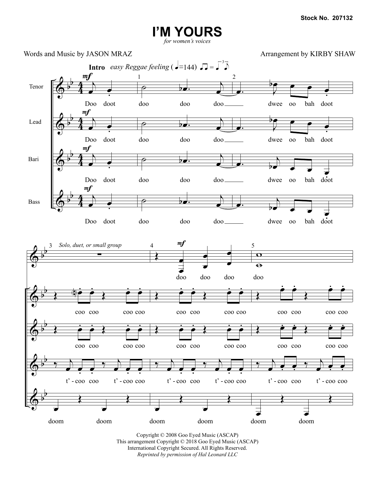 Jason Mraz I'm Yours (arr. Kirby Shaw) Sheet Music Notes & Chords for TTBB Choir - Download or Print PDF