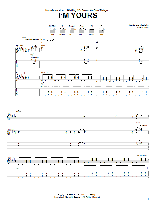 Jason Mraz I'm Yours Sheet Music Notes & Chords for Easy Guitar Tab - Download or Print PDF