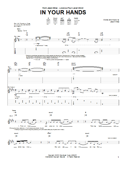 Jason Mraz In Your Hands Sheet Music Notes & Chords for Piano, Vocal & Guitar (Right-Hand Melody) - Download or Print PDF