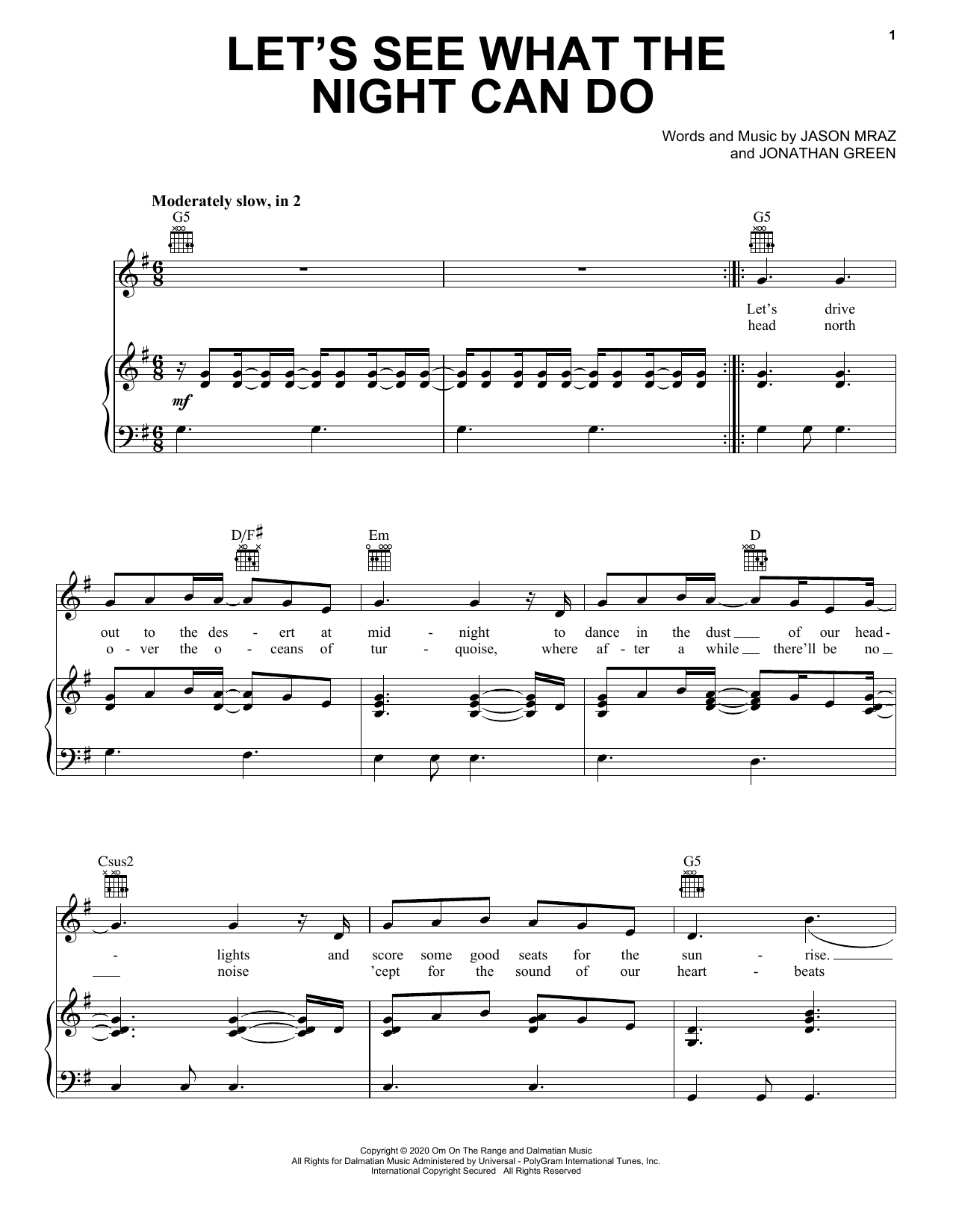 Jason Mraz Let's See What The Night Can Do Sheet Music Notes & Chords for Piano, Vocal & Guitar (Right-Hand Melody) - Download or Print PDF