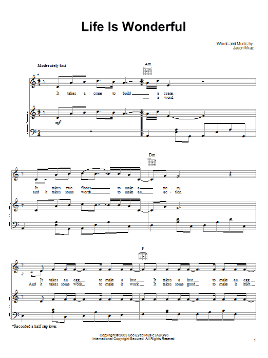 Jason Mraz Life Is Wonderful Sheet Music Notes & Chords for Ukulele with strumming patterns - Download or Print PDF