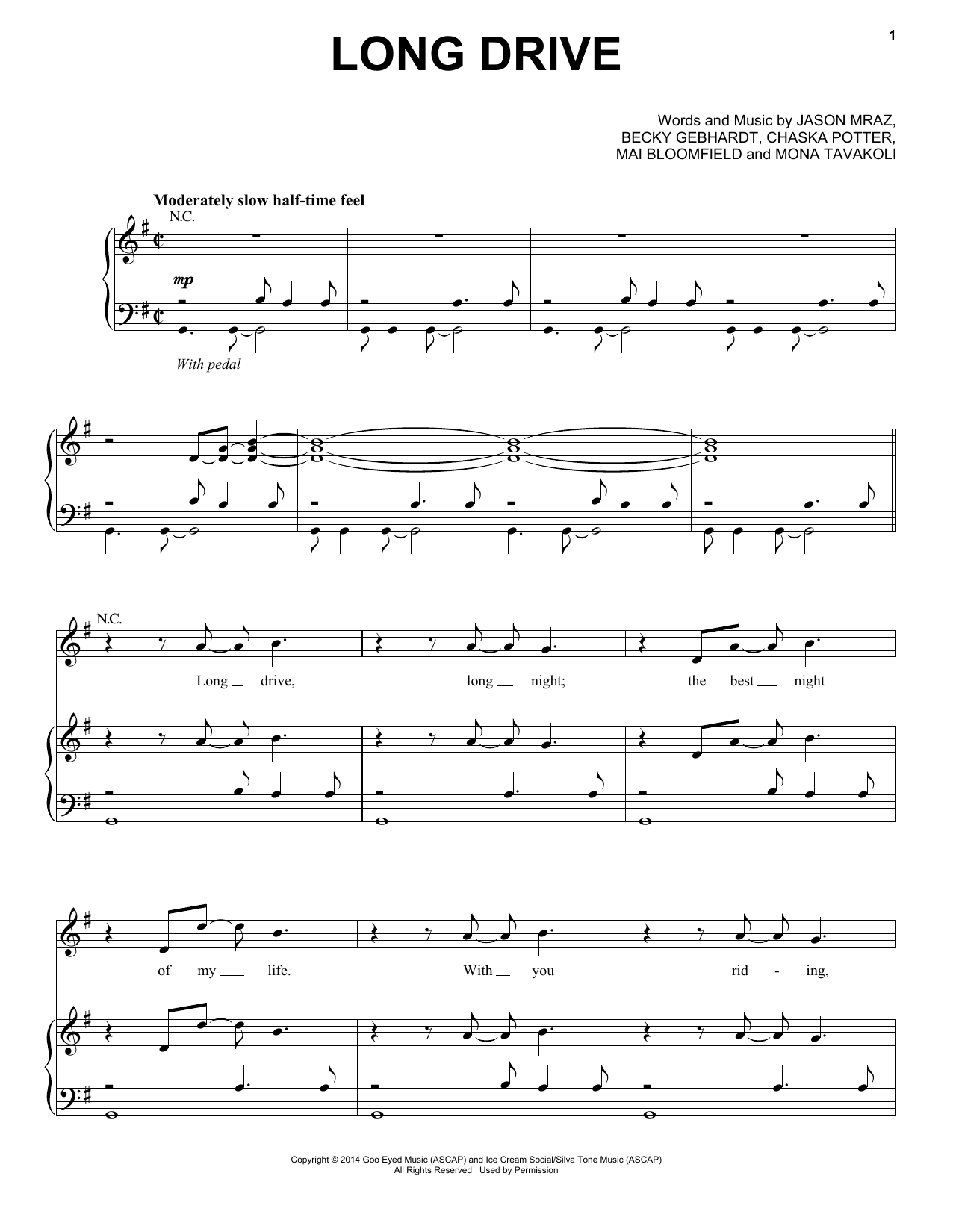 Jason Mraz Long Drive Sheet Music Notes & Chords for Piano, Vocal & Guitar (Right-Hand Melody) - Download or Print PDF