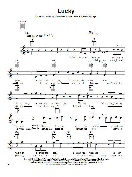 Jason Mraz Lucky Sheet Music Notes & Chords for Ukulele - Download or Print PDF