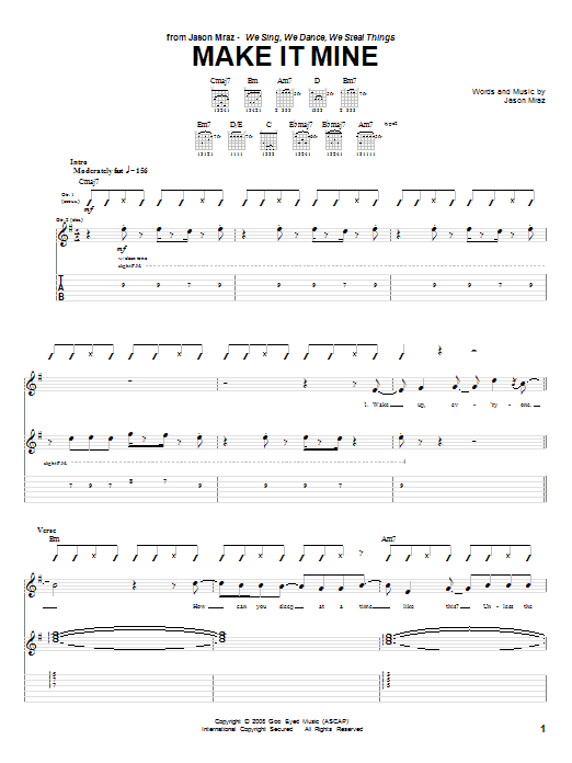 Jason Mraz Make It Mine Sheet Music Notes & Chords for Easy Guitar Tab - Download or Print PDF