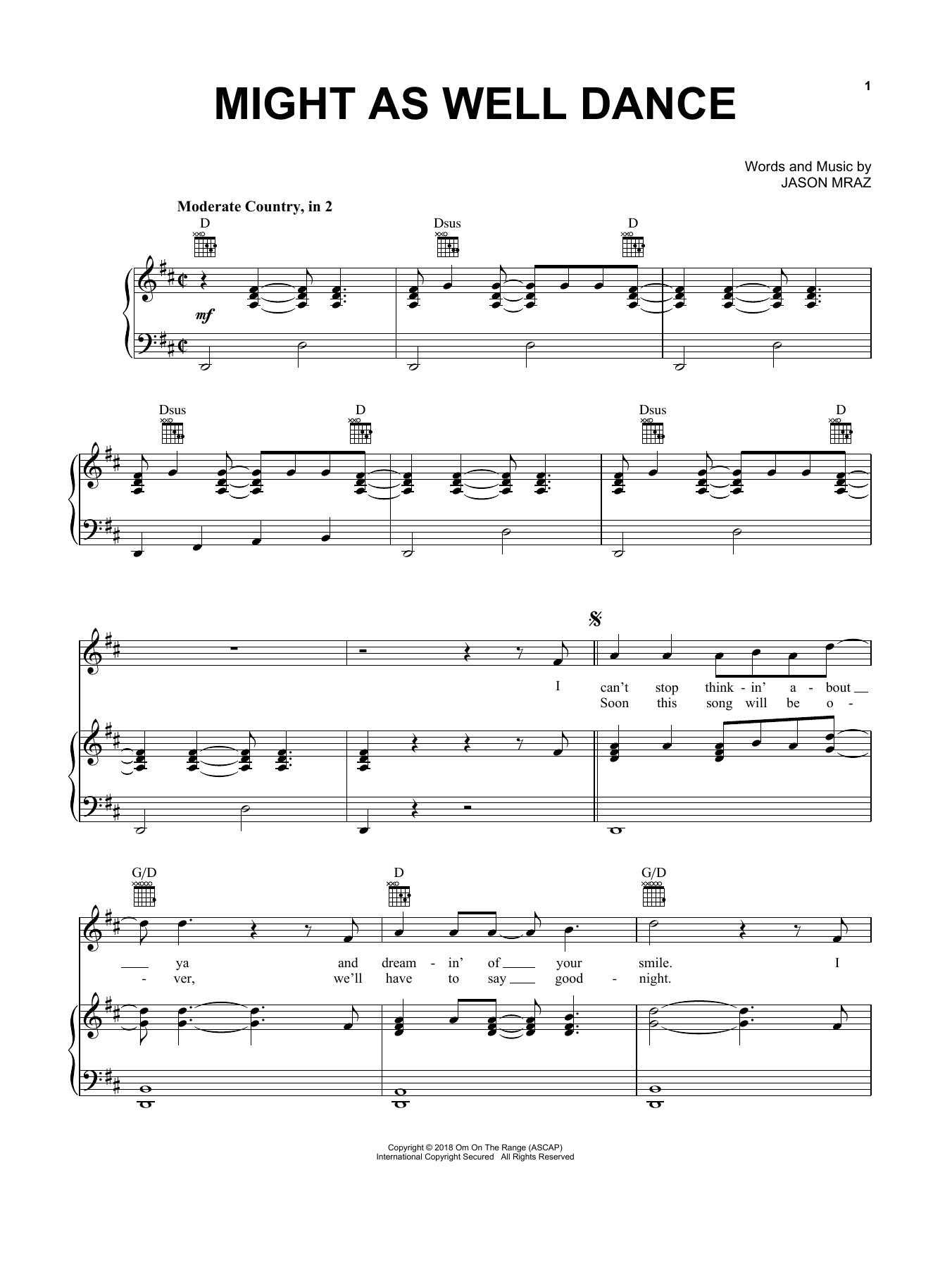Jason Mraz Might As Well Dance Sheet Music Notes & Chords for Piano, Vocal & Guitar (Right-Hand Melody) - Download or Print PDF