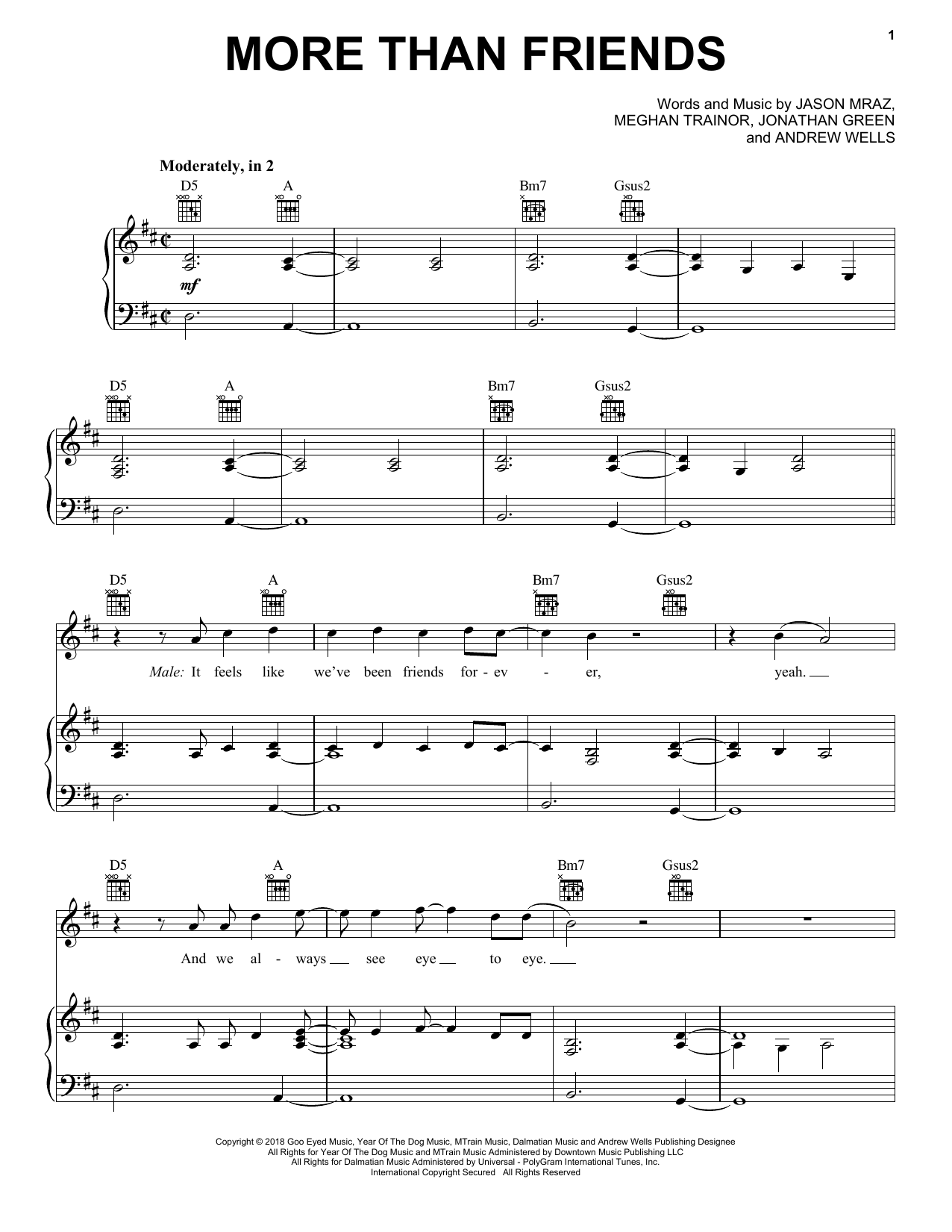 Jason Mraz More Than Friends (feat. Meghan Trainor) Sheet Music Notes & Chords for Piano, Vocal & Guitar (Right-Hand Melody) - Download or Print PDF