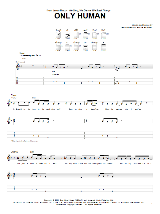 Jason Mraz Only Human Sheet Music Notes & Chords for Guitar Tab - Download or Print PDF