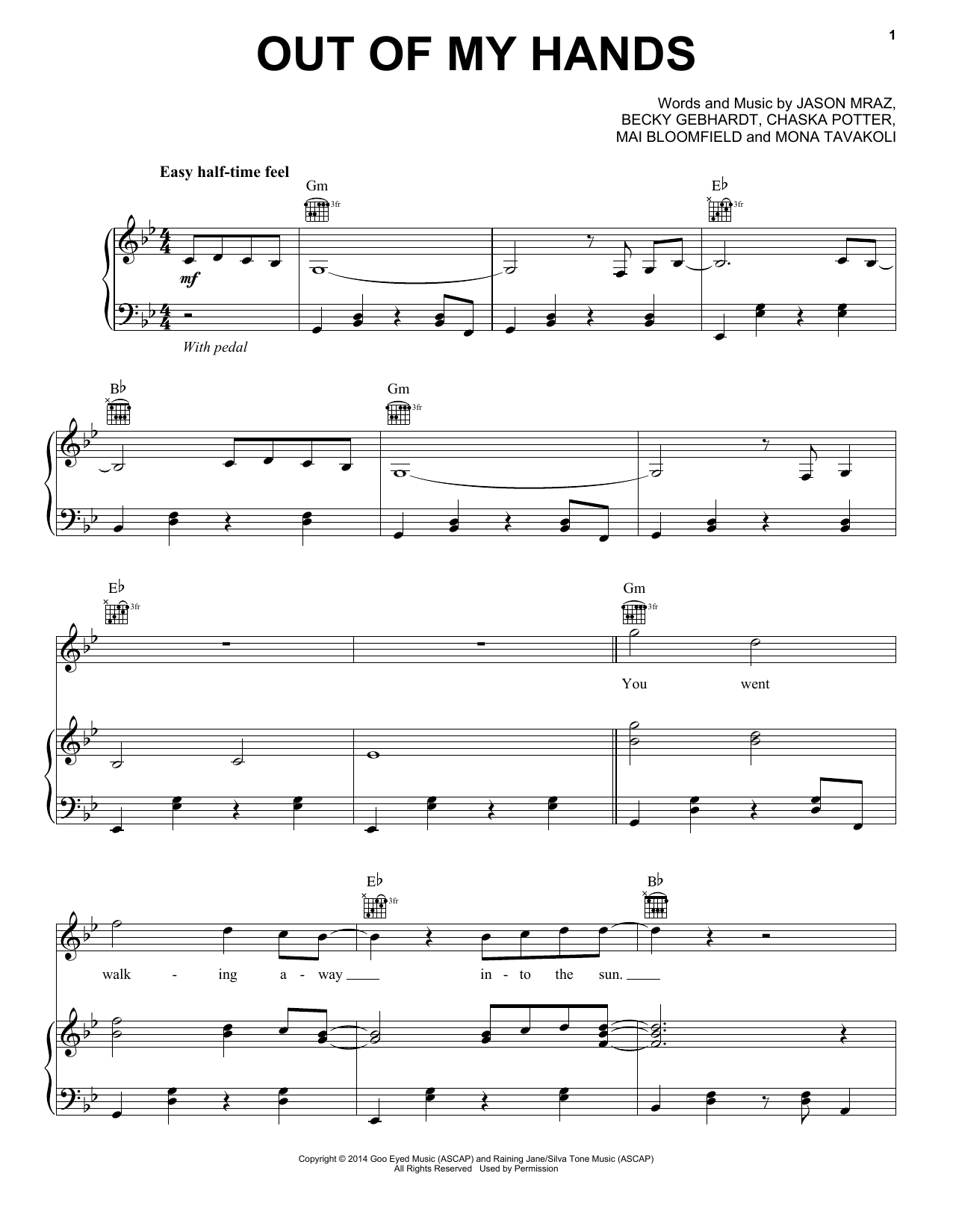 Jason Mraz Out Of My Hands Sheet Music Notes & Chords for Piano, Vocal & Guitar (Right-Hand Melody) - Download or Print PDF