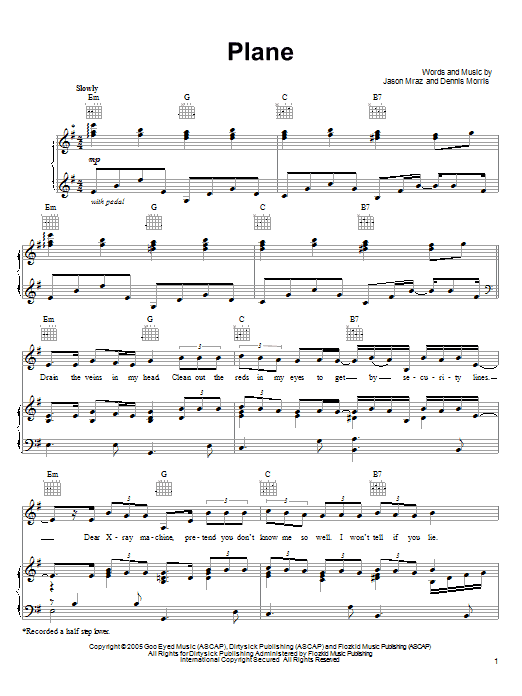 Jason Mraz Plane Sheet Music Notes & Chords for Piano, Vocal & Guitar (Right-Hand Melody) - Download or Print PDF