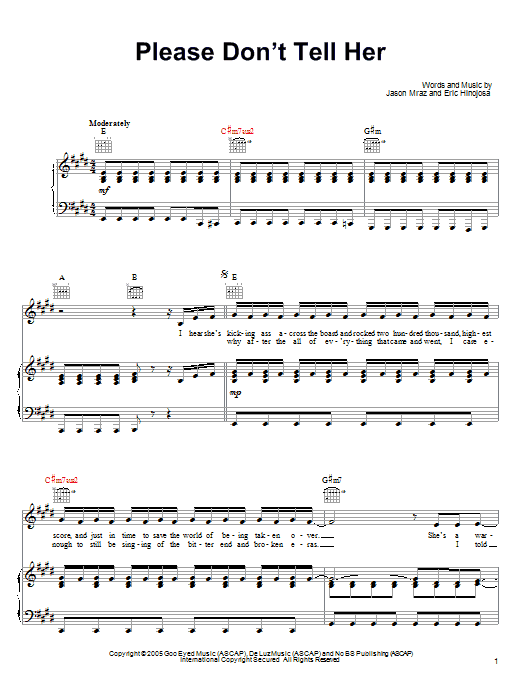 Jason Mraz Please Don't Tell Her Sheet Music Notes & Chords for Piano, Vocal & Guitar (Right-Hand Melody) - Download or Print PDF