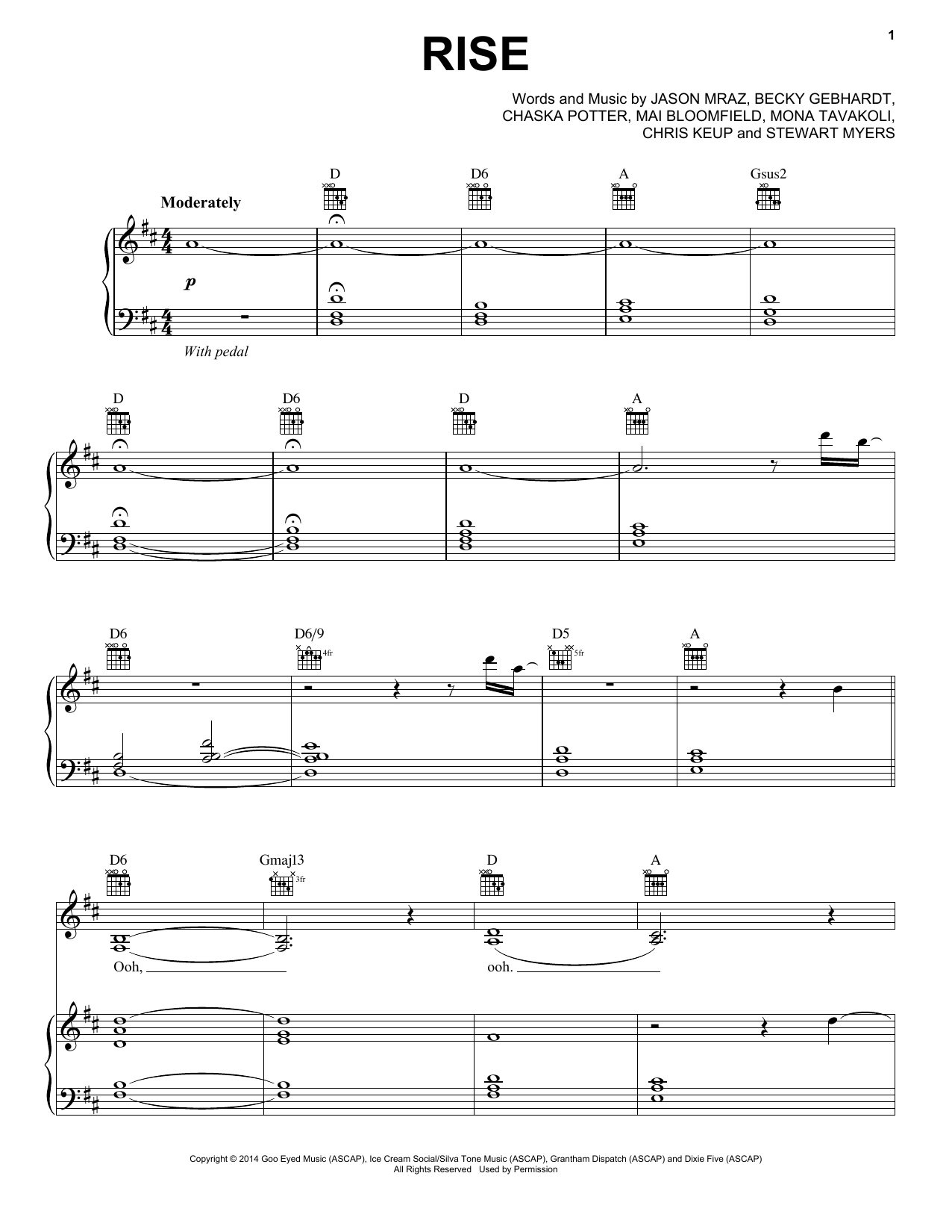 Jason Mraz Rise Sheet Music Notes & Chords for Piano, Vocal & Guitar (Right-Hand Melody) - Download or Print PDF