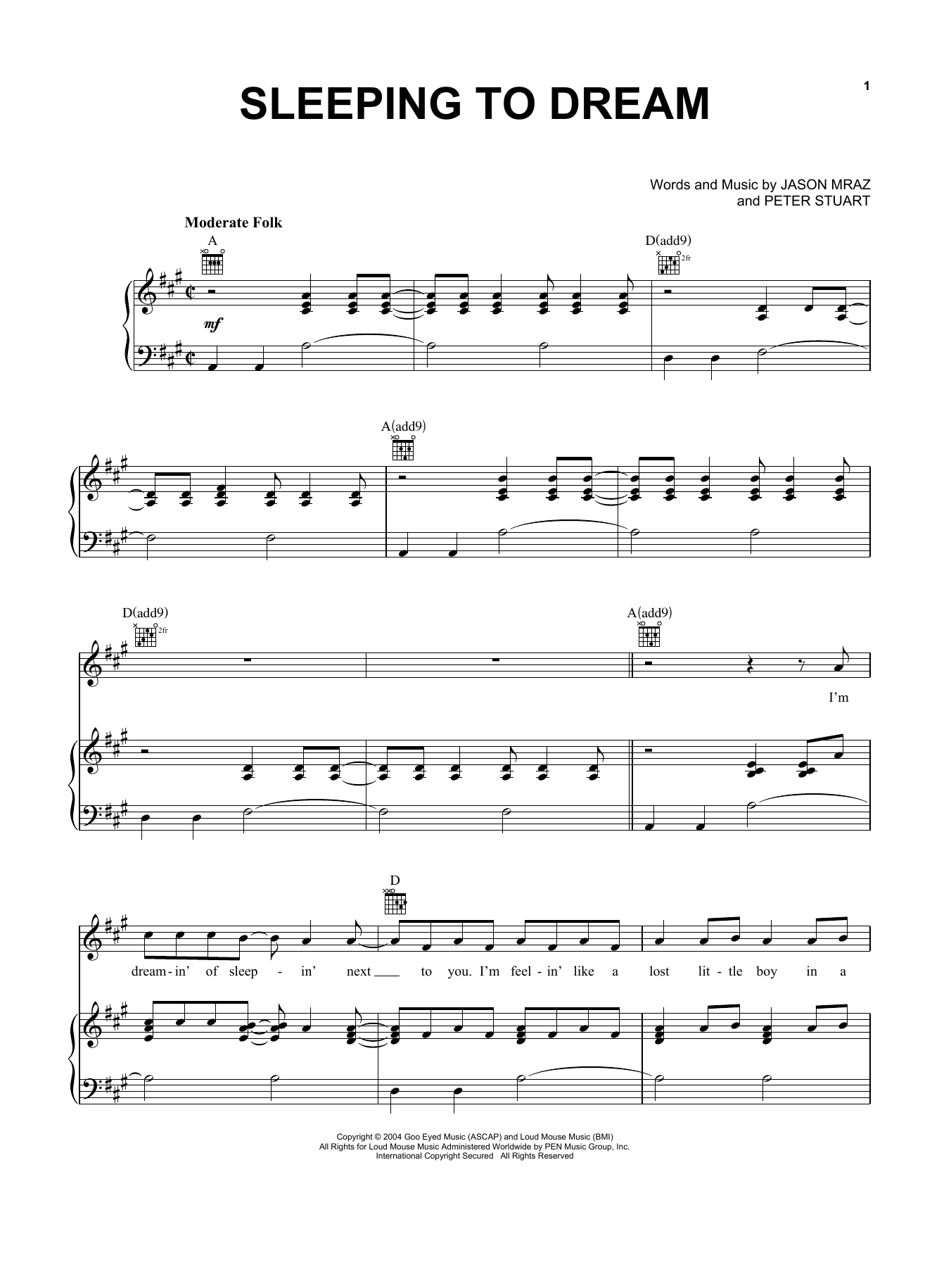 Jason Mraz Sleeping To Dream Sheet Music Notes & Chords for Piano, Vocal & Guitar (Right-Hand Melody) - Download or Print PDF