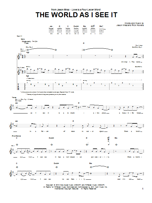 Jason Mraz The World As I See It Sheet Music Notes & Chords for Piano, Vocal & Guitar (Right-Hand Melody) - Download or Print PDF