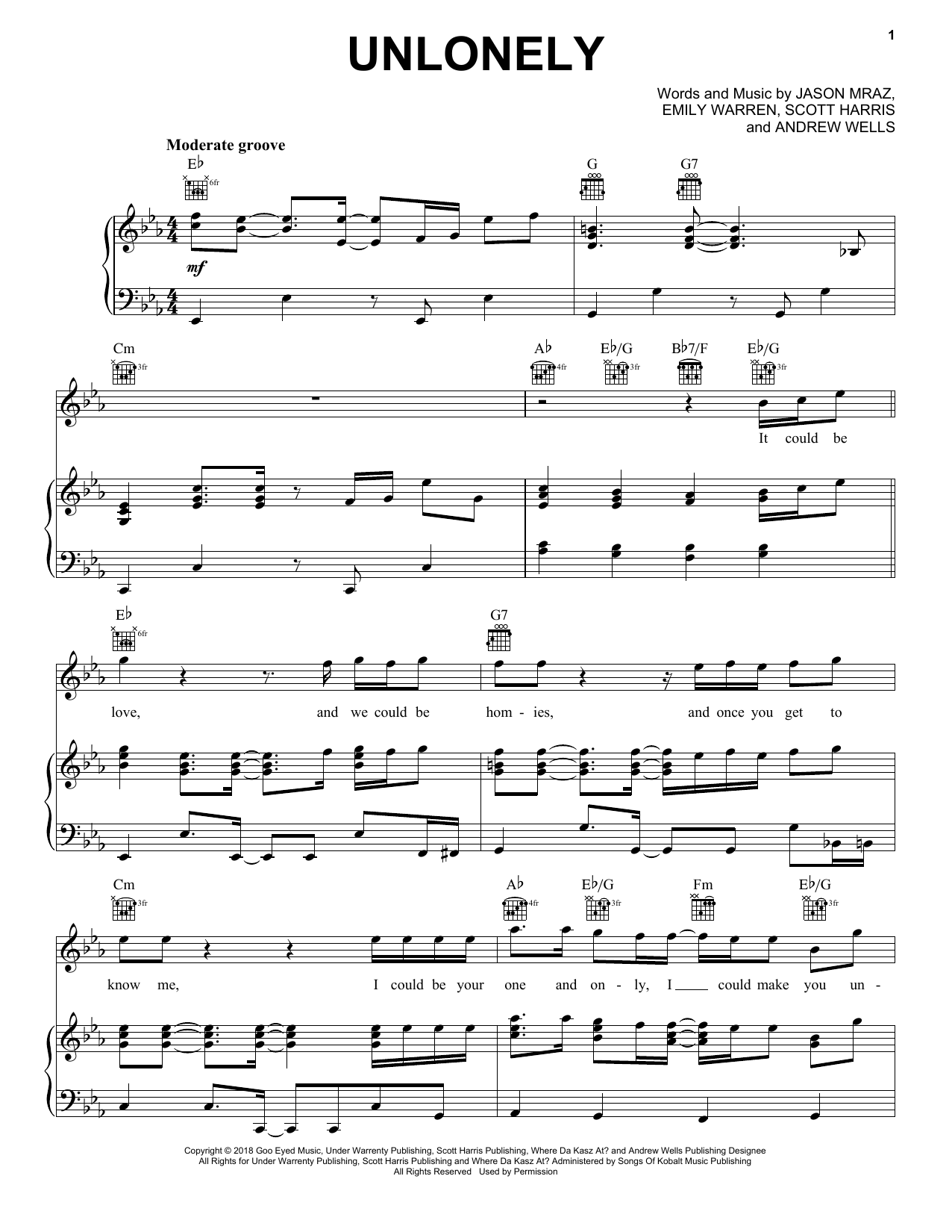 Jason Mraz Unlonely Sheet Music Notes & Chords for Piano, Vocal & Guitar (Right-Hand Melody) - Download or Print PDF