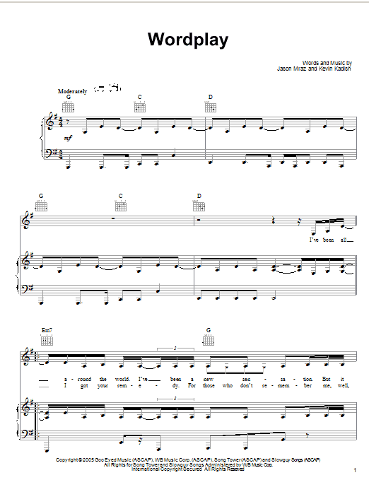 Jason Mraz Wordplay Sheet Music Notes & Chords for Piano, Vocal & Guitar (Right-Hand Melody) - Download or Print PDF