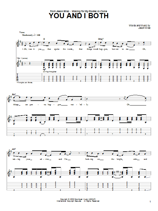 Jason Mraz You and I Both Sheet Music Notes & Chords for Guitar Tab Play-Along - Download or Print PDF