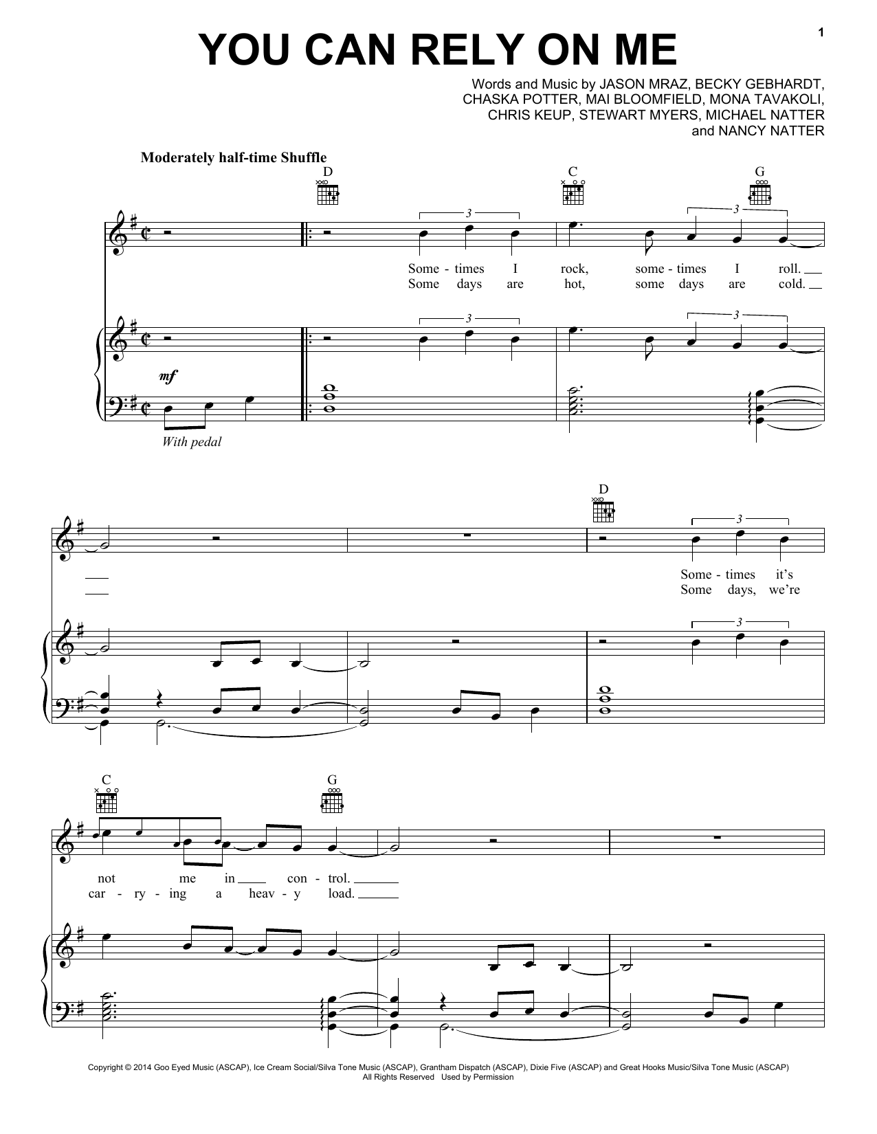 Jason Mraz You Can Rely On Me Sheet Music Notes & Chords for Piano, Vocal & Guitar (Right-Hand Melody) - Download or Print PDF