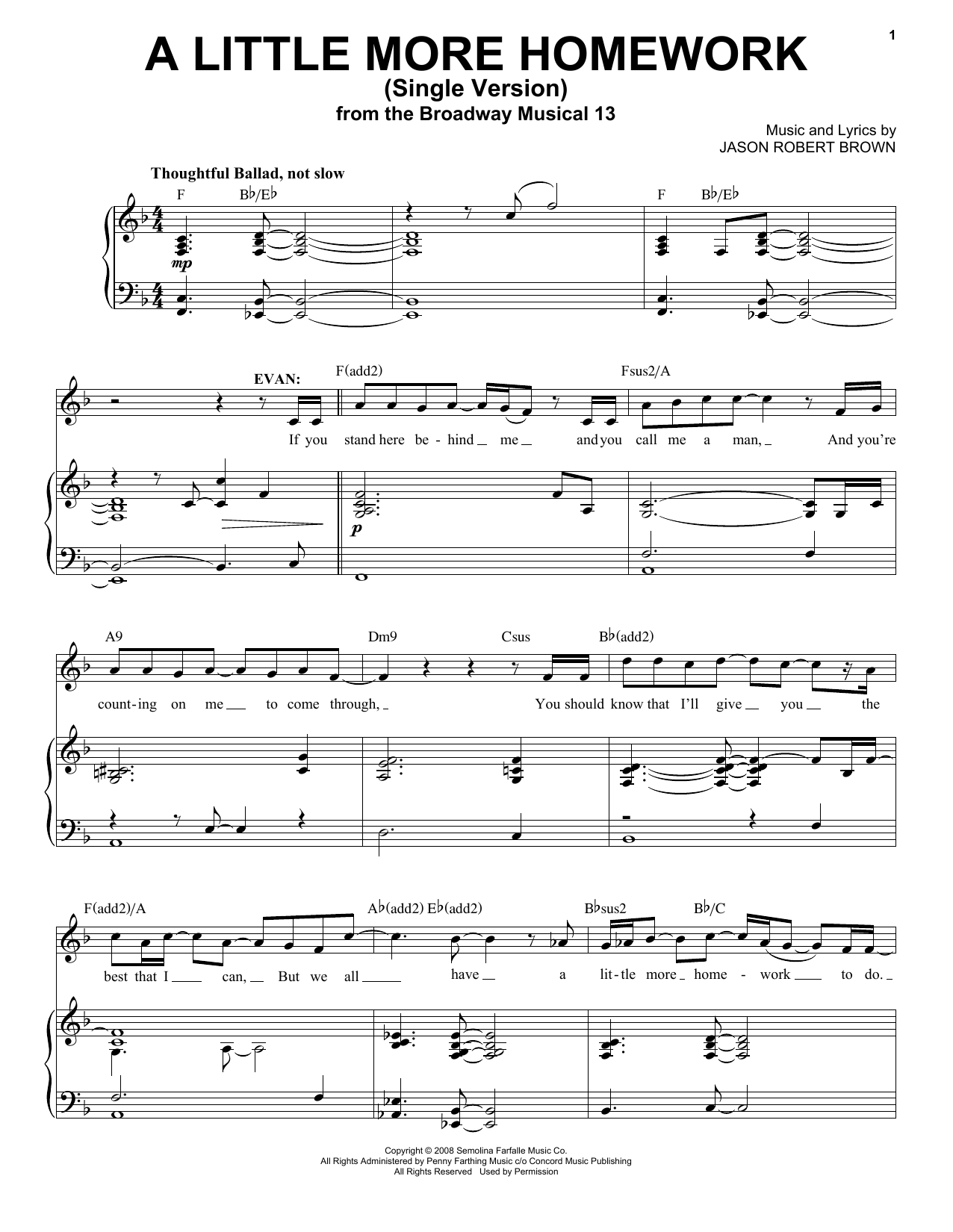 Jason Robert Brown A Little More Homework (from 13: The Musical) Sheet Music Notes & Chords for Piano, Vocal & Guitar (Right-Hand Melody) - Download or Print PDF