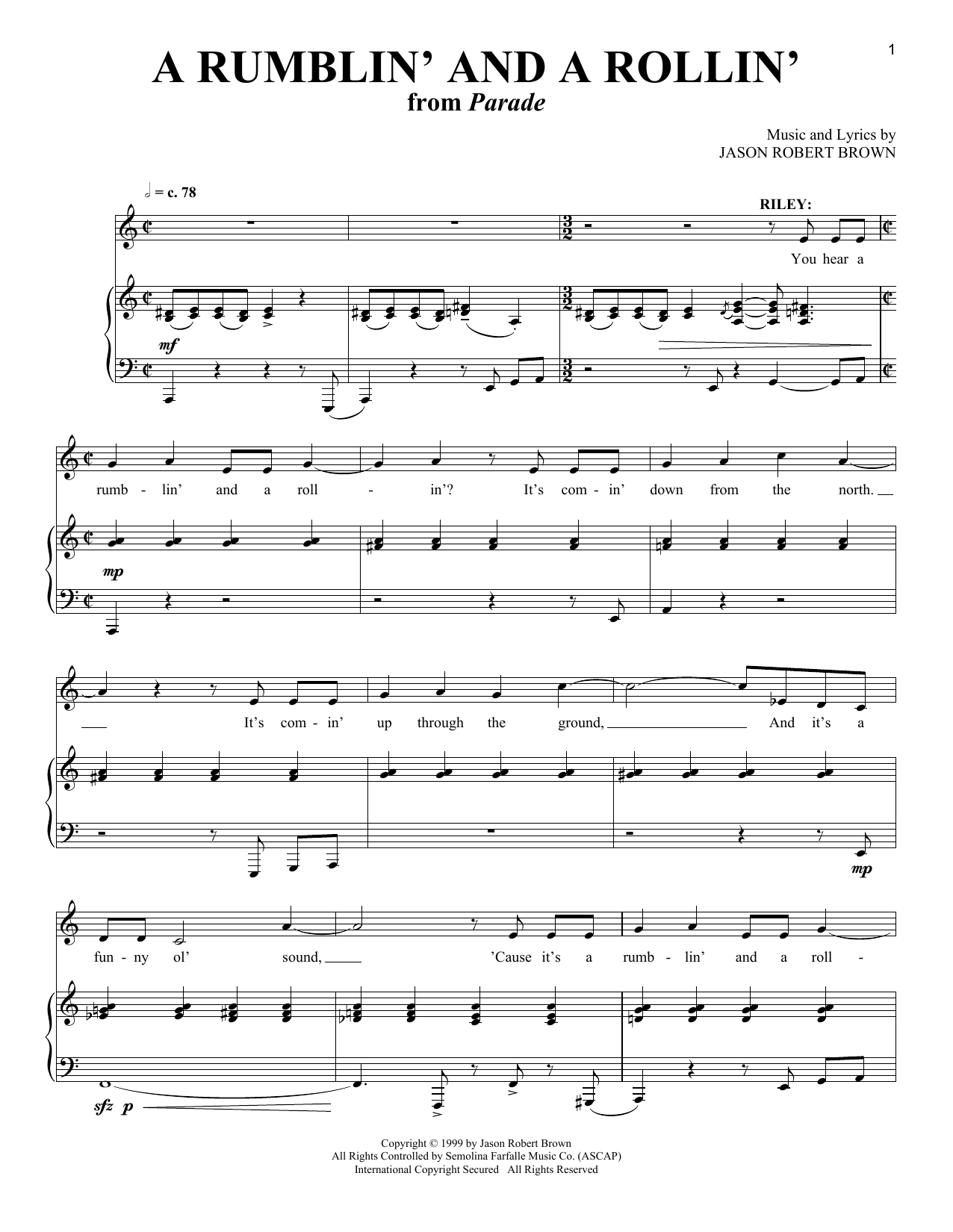 Jason Robert Brown A Rumblin' And A Rollin' (from Parade) Sheet Music Notes & Chords for Piano & Vocal - Download or Print PDF
