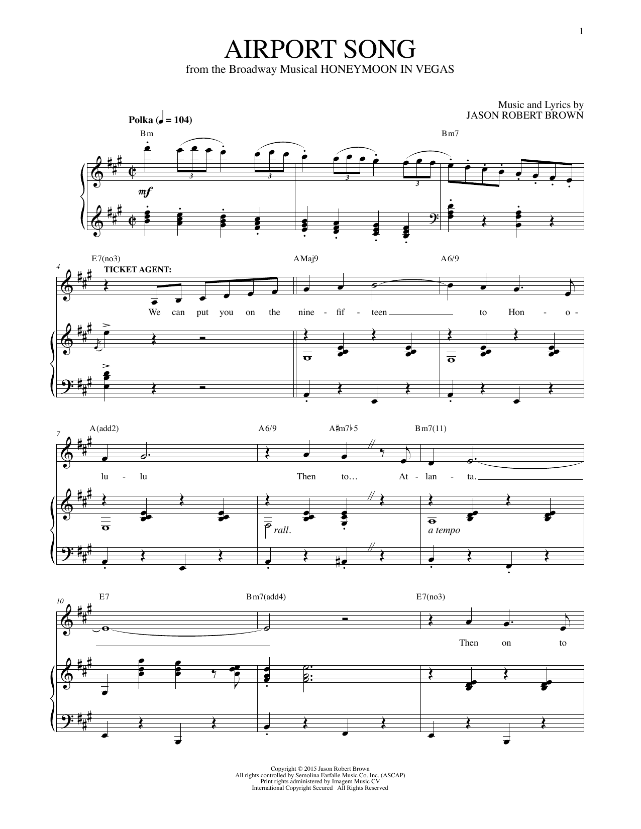 Jason Robert Brown Airport Song (from Honeymoon in Vegas) Sheet Music Notes & Chords for Piano & Vocal - Download or Print PDF