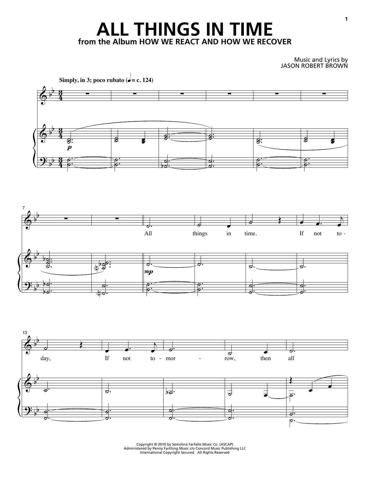 Jason Robert Brown All Things In Time (from How We React And How We Recover) Sheet Music Notes & Chords for Piano & Vocal - Download or Print PDF