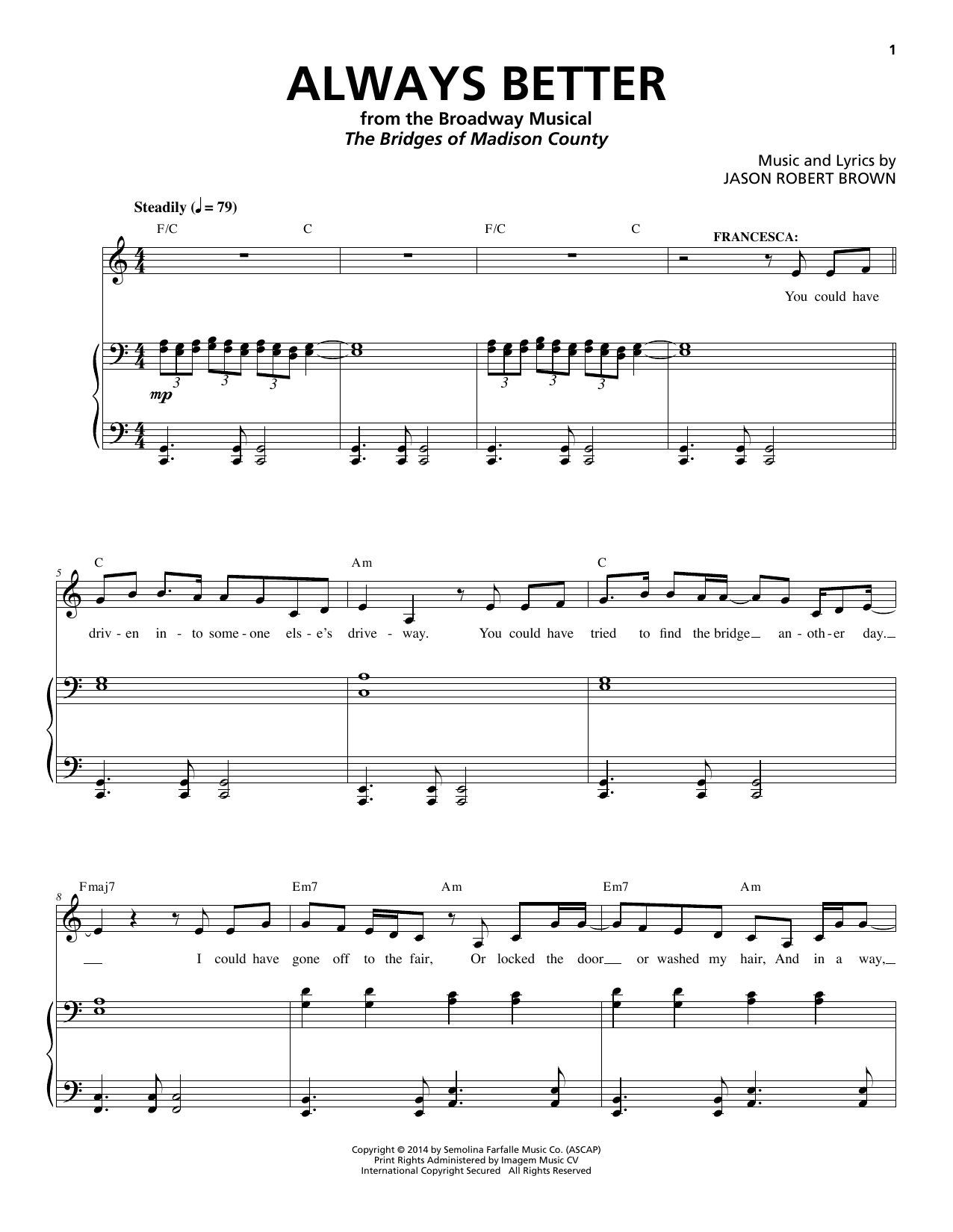 Jason Robert Brown Always Better (from The Bridges of Madison County) Sheet Music Notes & Chords for Piano & Vocal - Download or Print PDF