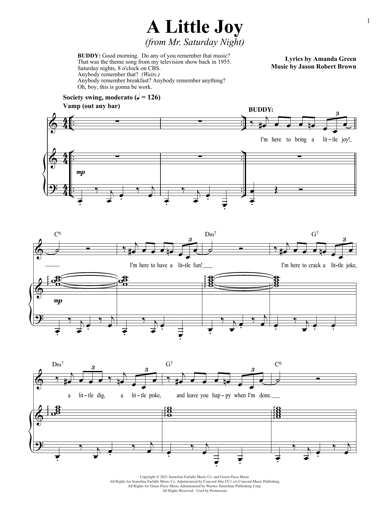 Jason Robert Brown and Amanda Green A Little Joy (from Mr. Saturday Night) Sheet Music Notes & Chords for Piano & Vocal - Download or Print PDF