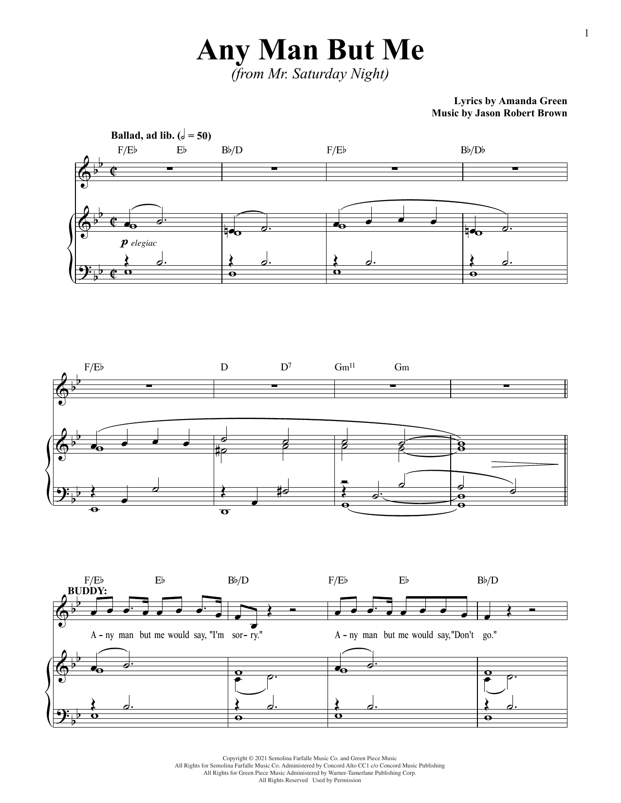 Jason Robert Brown and Amanda Green Any Man But Me (from Mr. Saturday Night) Sheet Music Notes & Chords for Piano & Vocal - Download or Print PDF