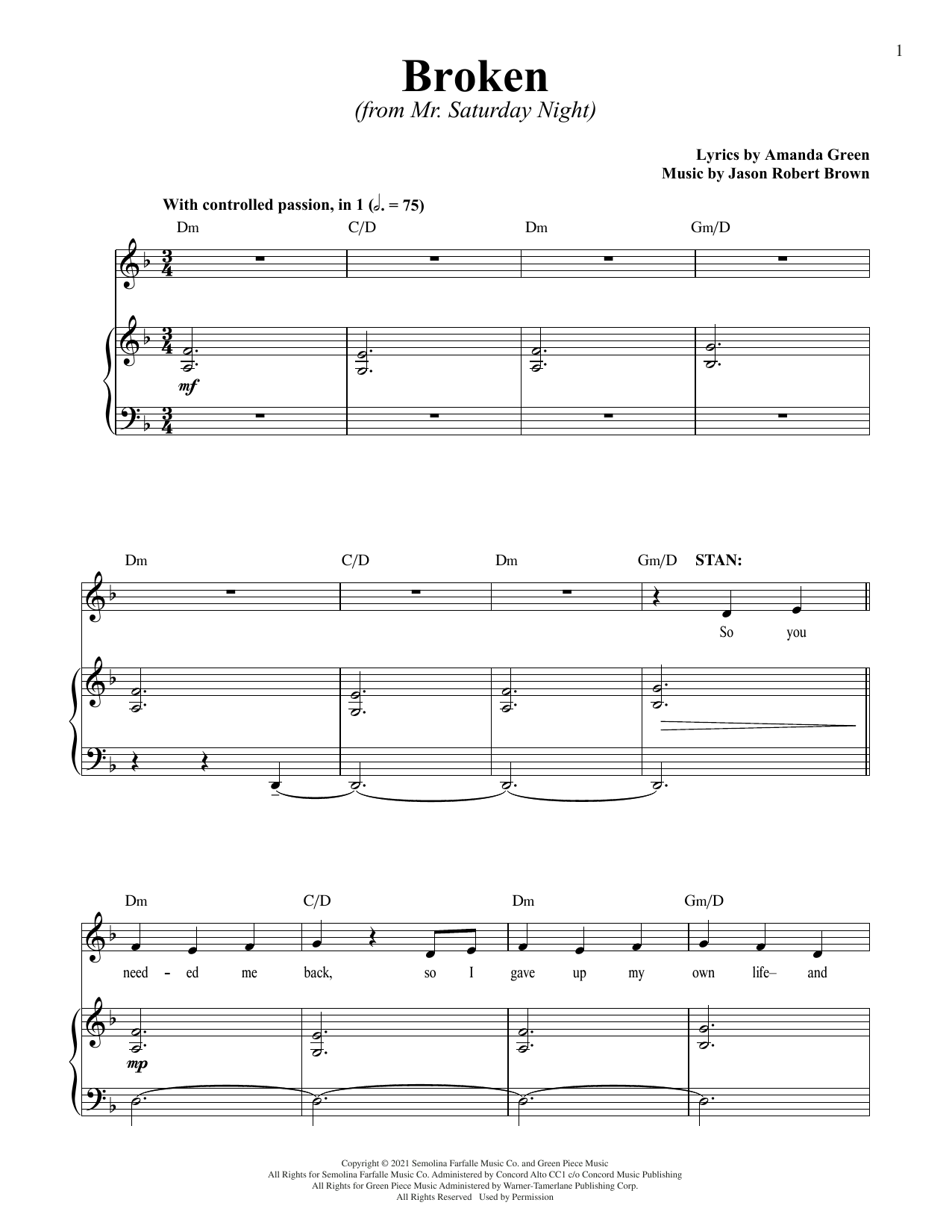 Jason Robert Brown and Amanda Green Broken (from Mr. Saturday Night) Sheet Music Notes & Chords for Piano & Vocal - Download or Print PDF