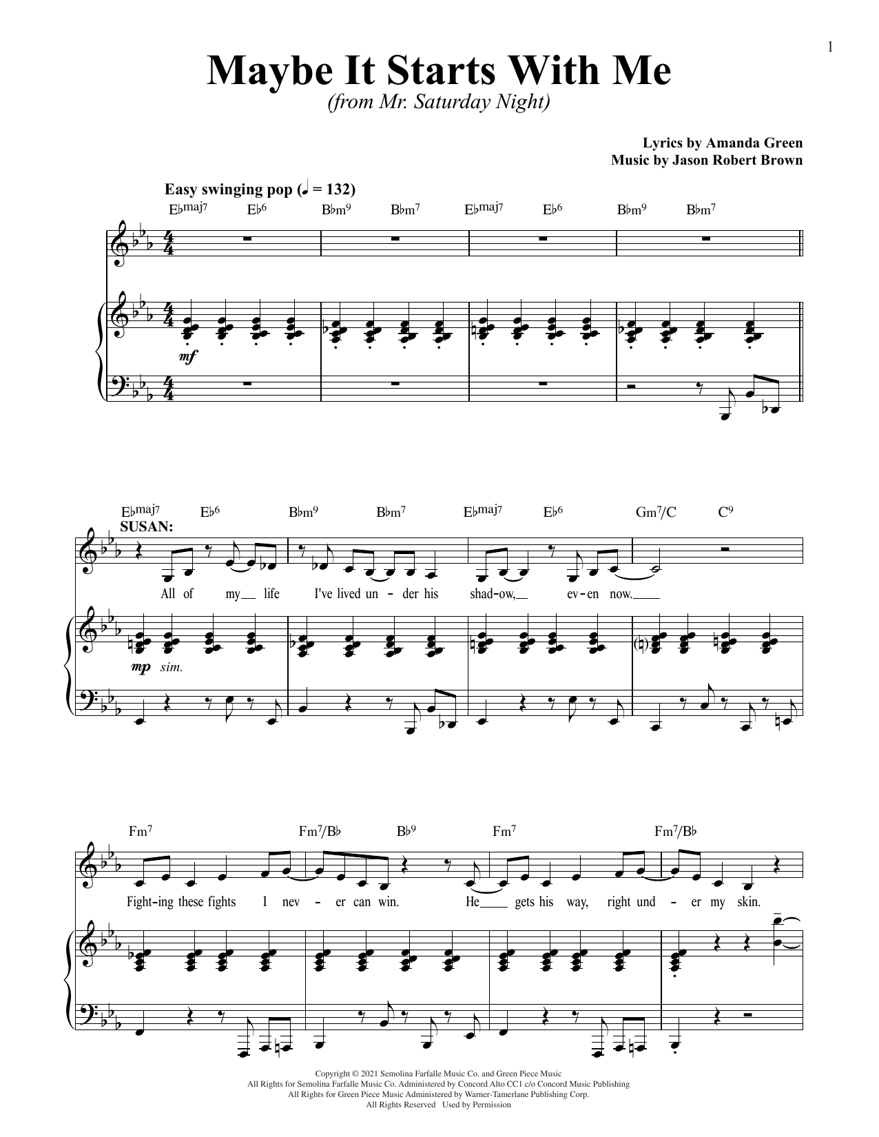 Jason Robert Brown and Amanda Green Maybe It Starts With Me (from Mr. Saturday Night) Sheet Music Notes & Chords for Piano & Vocal - Download or Print PDF