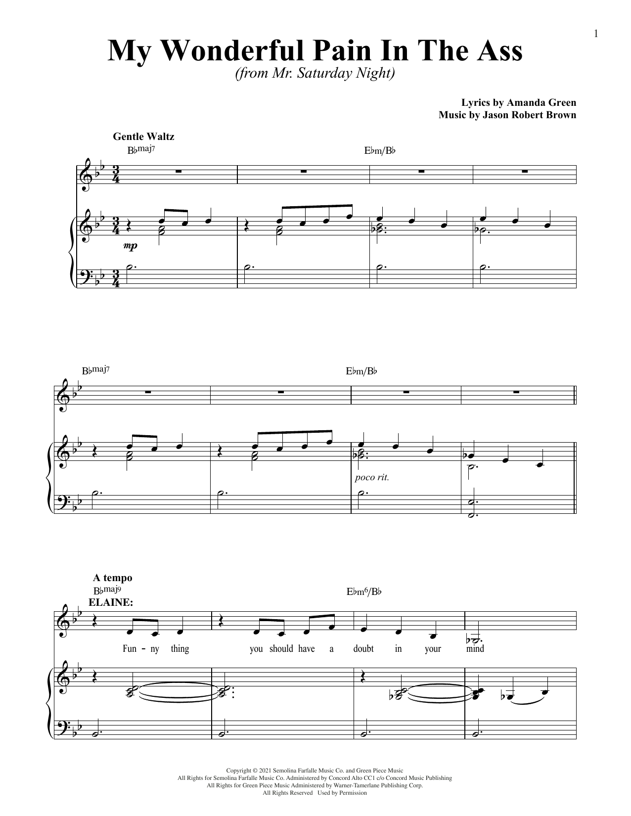 Jason Robert Brown and Amanda Green My Wonderful Pain In The Ass (from Mr. Saturday Night) Sheet Music Notes & Chords for Piano & Vocal - Download or Print PDF