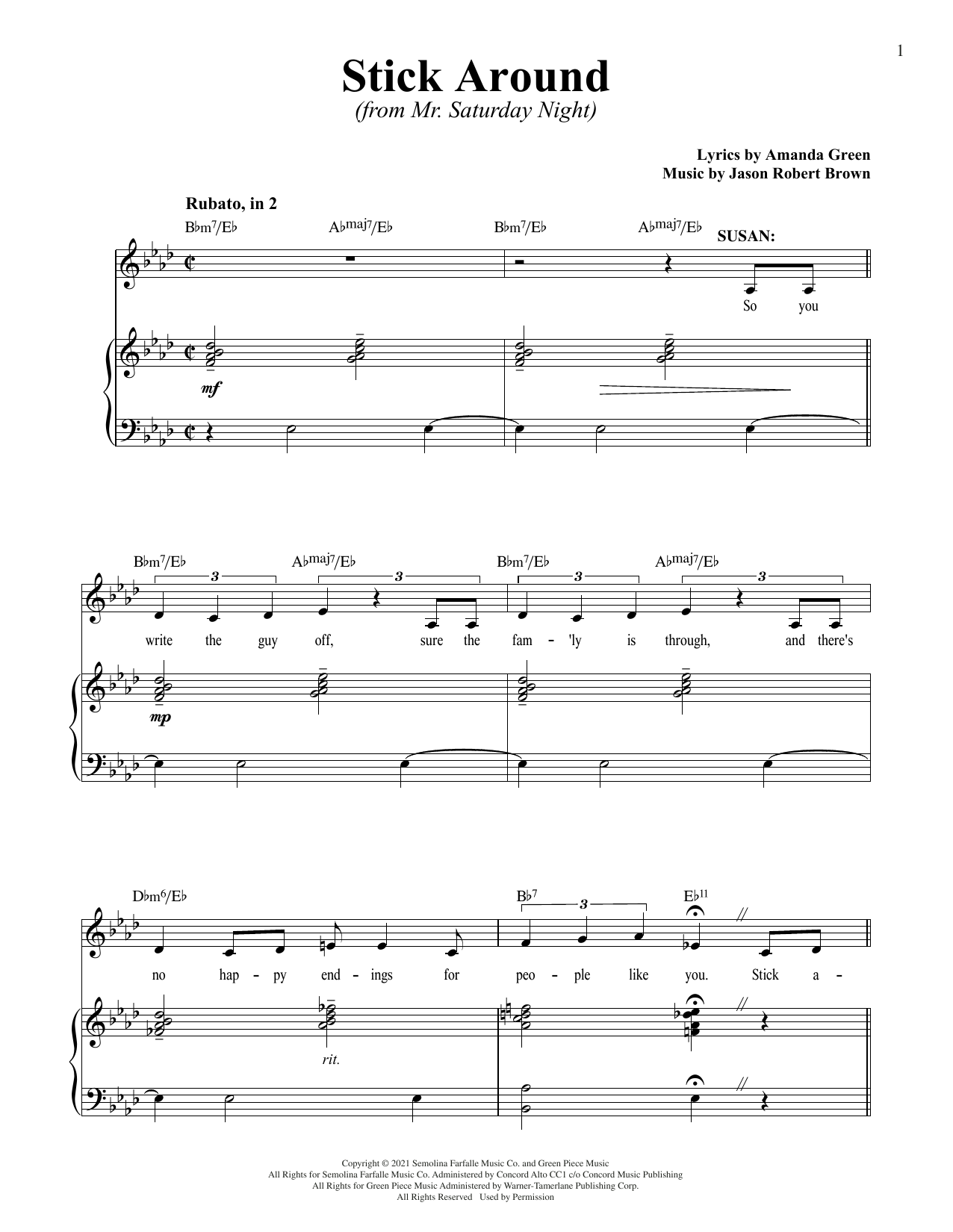 Jason Robert Brown and Amanda Green Stick Around (from Mr. Saturday Night) Sheet Music Notes & Chords for Piano & Vocal - Download or Print PDF