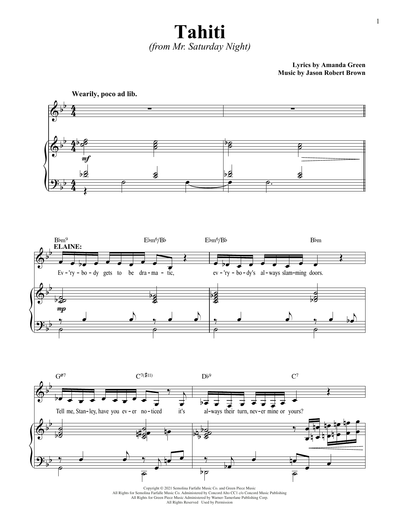 Jason Robert Brown and Amanda Green Tahiti (from Mr. Saturday Night) Sheet Music Notes & Chords for Piano & Vocal - Download or Print PDF