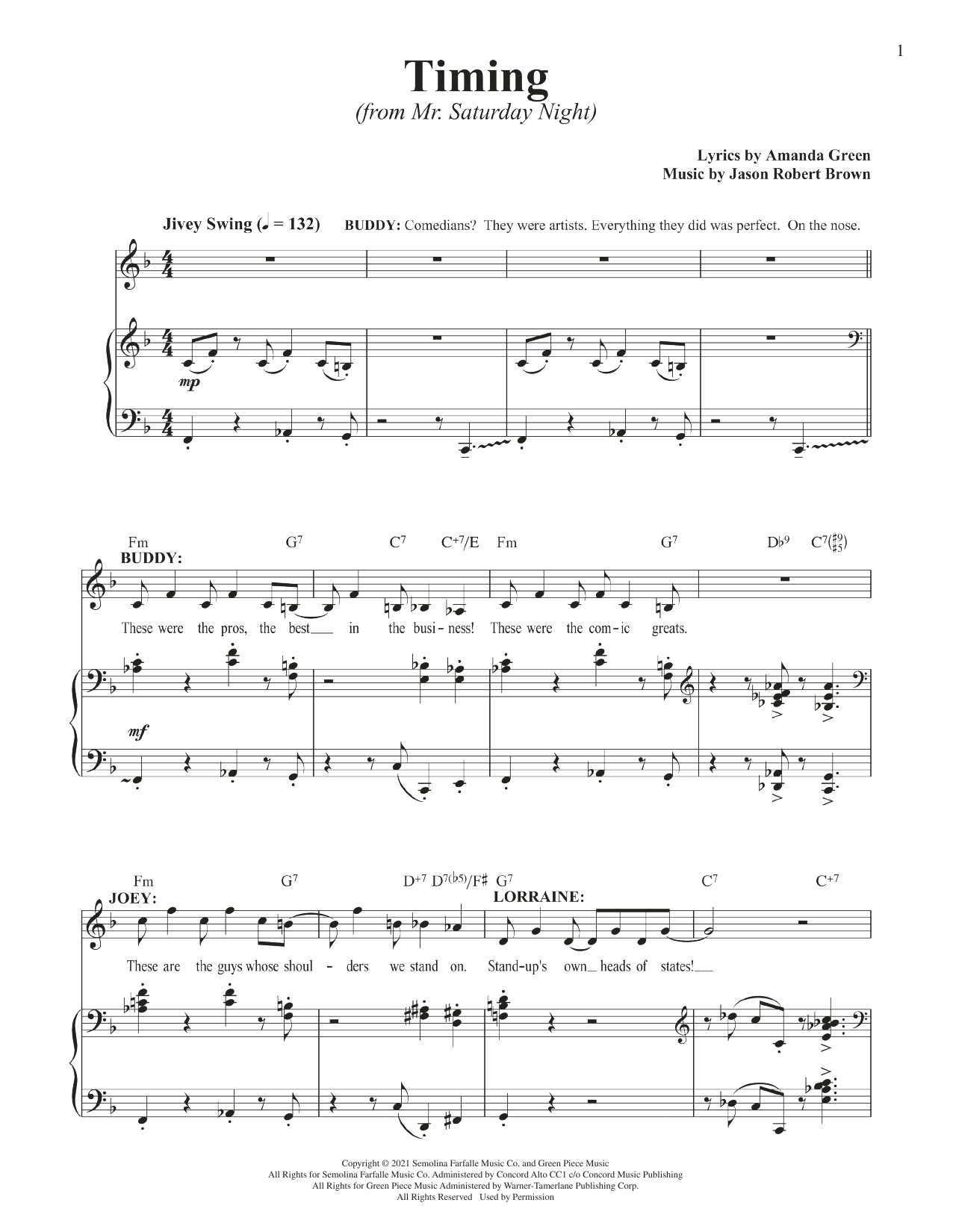 Jason Robert Brown and Amanda Green Timing (from Mr. Saturday Night) Sheet Music Notes & Chords for Piano & Vocal - Download or Print PDF