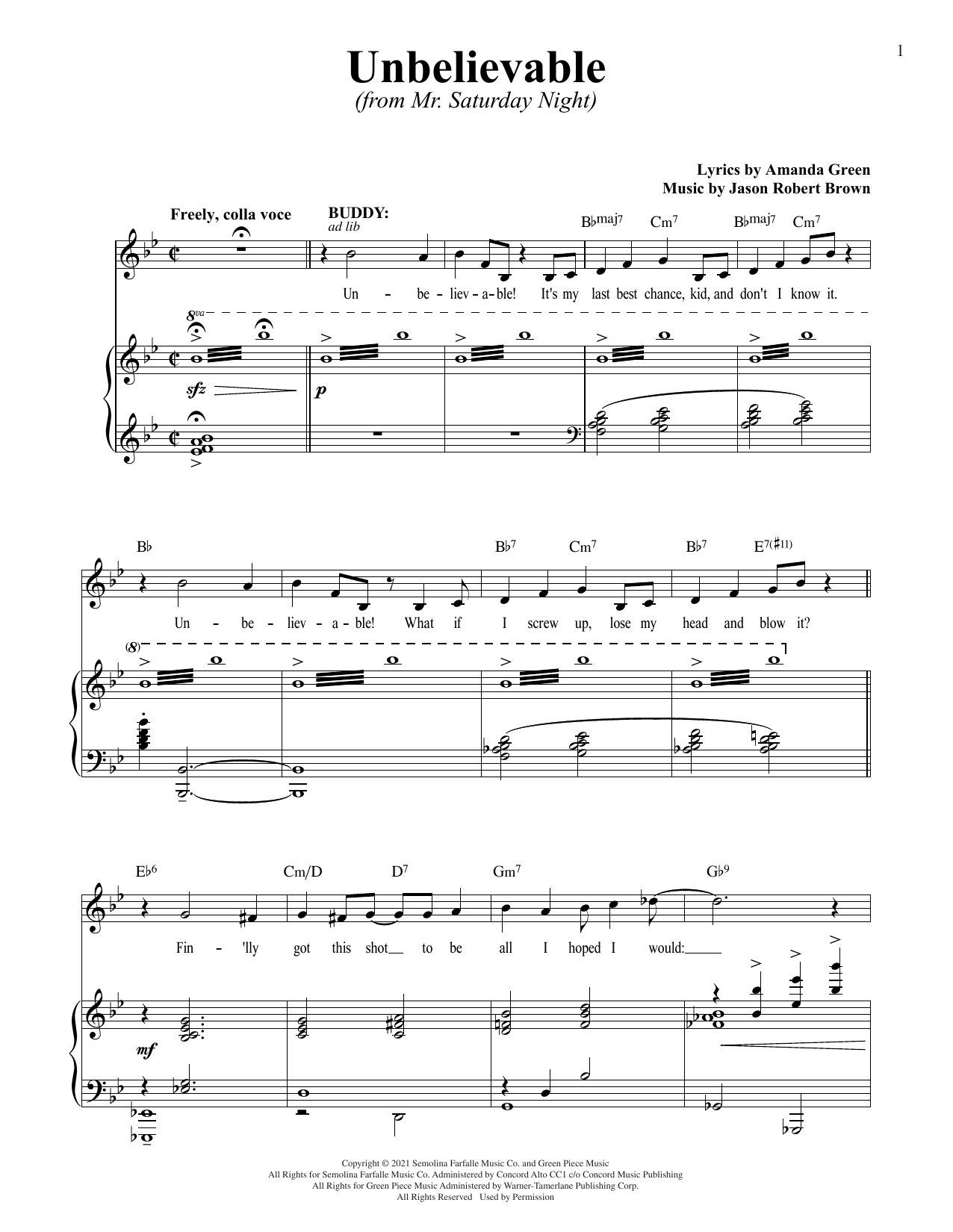Jason Robert Brown and Amanda Green Unbelievable (from Mr. Saturday Night) Sheet Music Notes & Chords for Piano & Vocal - Download or Print PDF