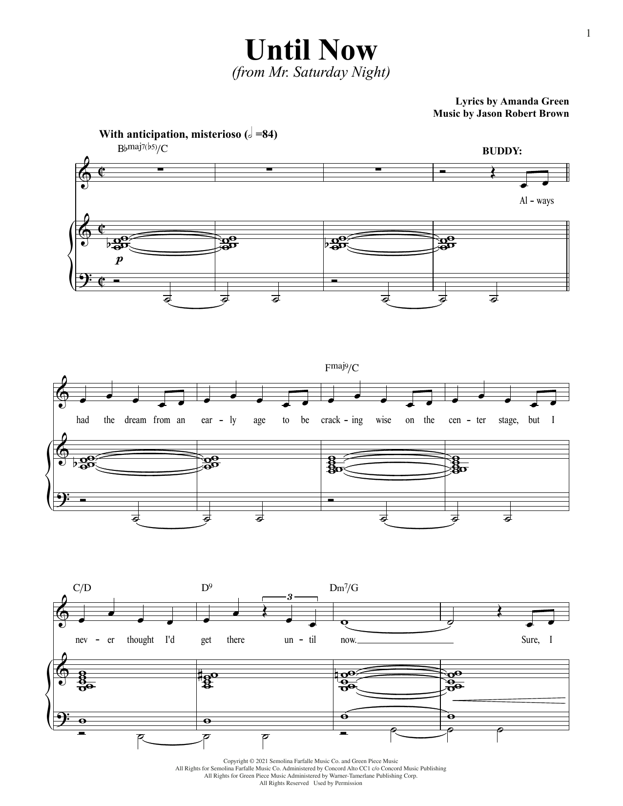 Jason Robert Brown and Amanda Green Until Now (from Mr. Saturday Night) Sheet Music Notes & Chords for Piano & Vocal - Download or Print PDF