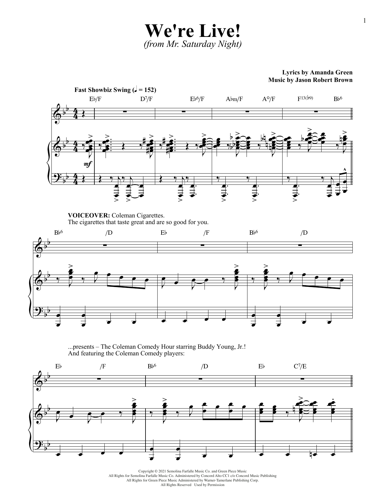 Jason Robert Brown and Amanda Green We're Live (from Mr. Saturday Night) Sheet Music Notes & Chords for Piano & Vocal - Download or Print PDF