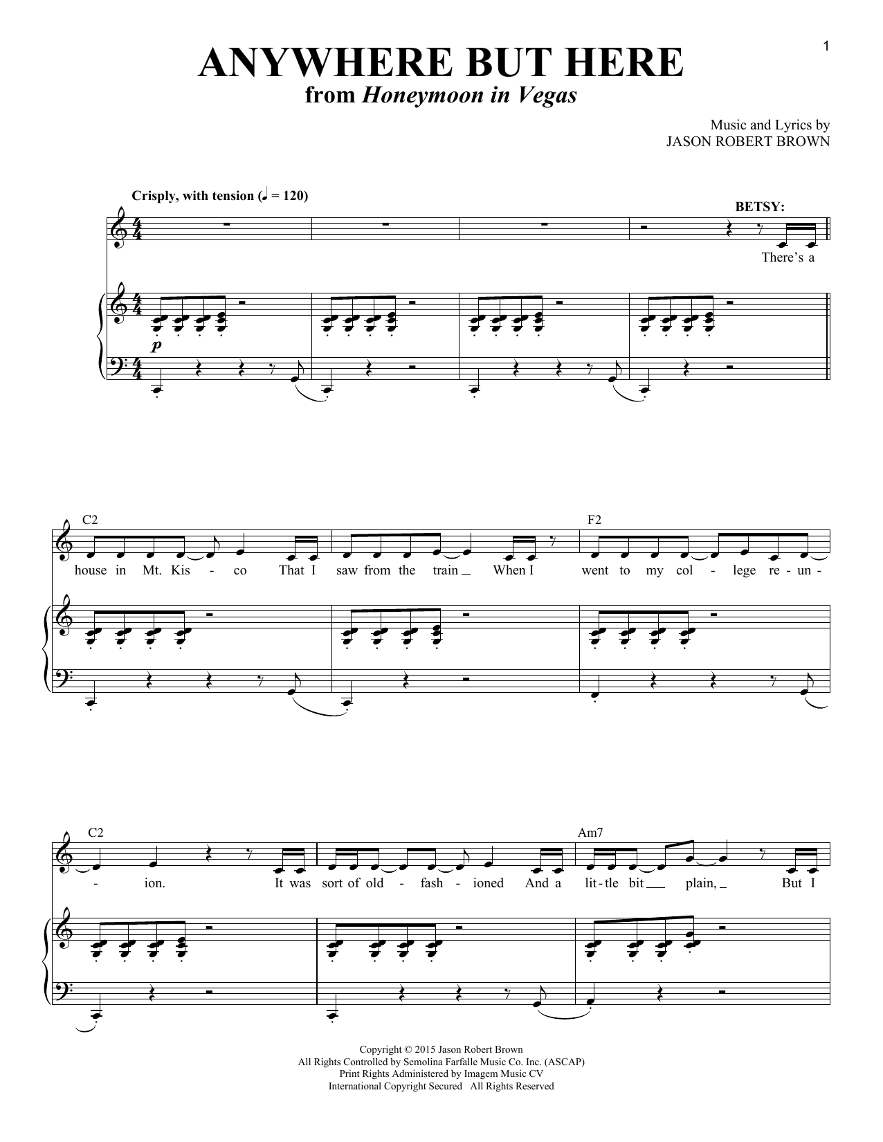 Jason Robert Brown Anywhere But Here (from Honeymoon in Vegas) Sheet Music Notes & Chords for Piano, Vocal & Guitar (Right-Hand Melody) - Download or Print PDF