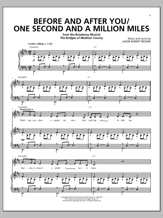 Jason Robert Brown Before And After You / One Second And A Million Miles (from The Bridges of Madison County) Sheet Music Notes & Chords for Piano & Vocal - Download or Print PDF