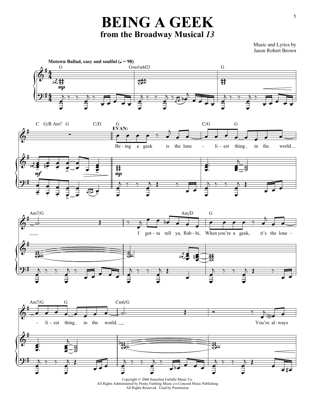 Jason Robert Brown Being A Geek (from 13: The Musical) Sheet Music Notes & Chords for Piano, Vocal & Guitar (Right-Hand Melody) - Download or Print PDF