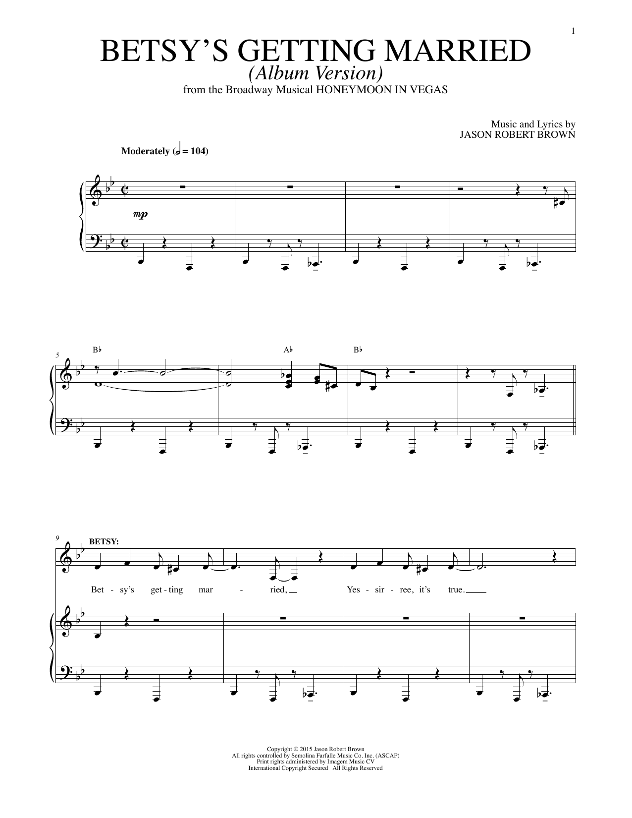 Jason Robert Brown Betsy's Getting Married (Cast Album Version) (from Honeymoon in Vegas) Sheet Music Notes & Chords for Piano & Vocal - Download or Print PDF