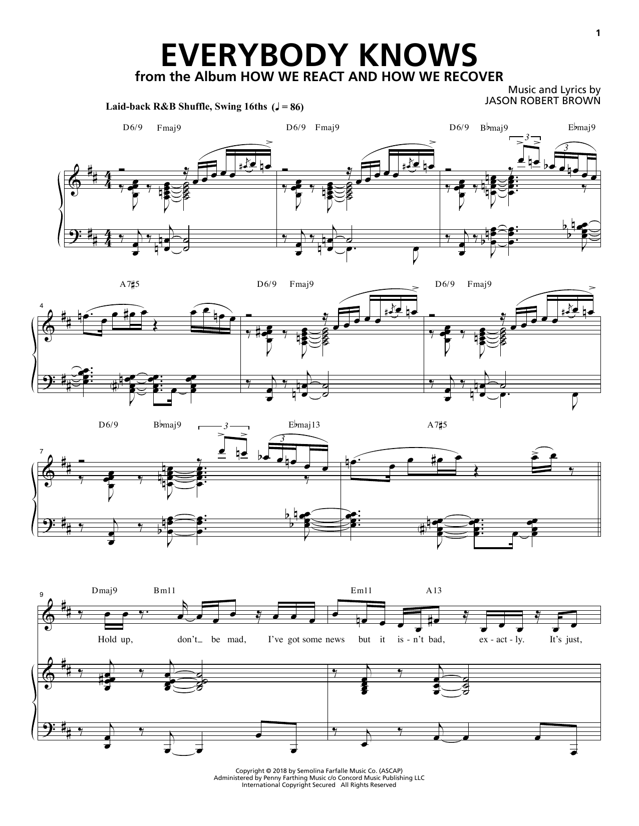 Jason Robert Brown Everybody Knows (from How We React And How We Recover) Sheet Music Notes & Chords for Piano & Vocal - Download or Print PDF